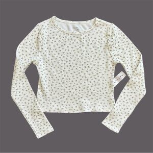 PacSun White Ribbed Long Sleeve Cropped Tee with Olive Floral Print